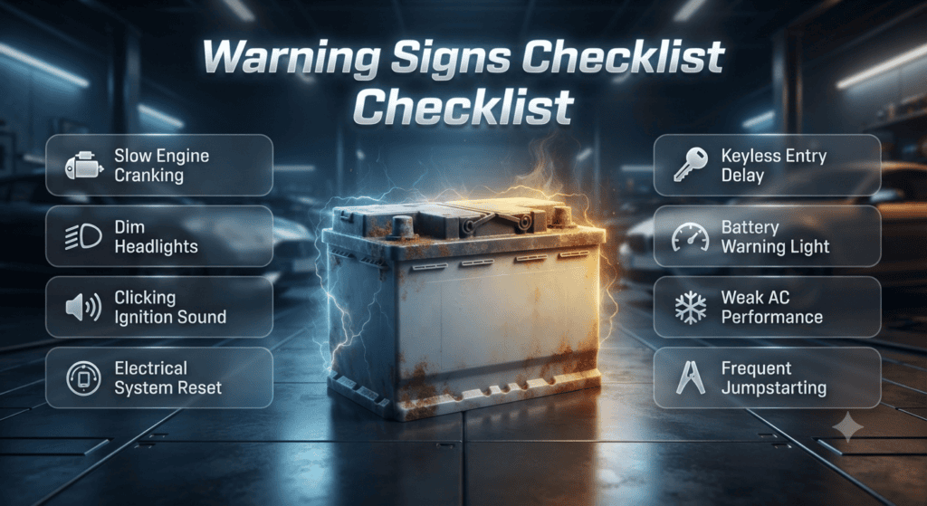 Warning Signs of Car Battery Failure After Vehicle Idle in Dubai Automotive infographic showing warning signs of car battery failure including slow crank, dim lights, clicking sound, and electrical issues in idle vehicles.