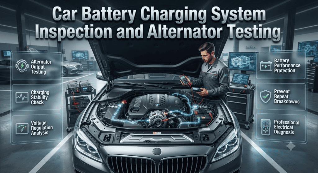 Car Battery Charging System Inspection and Alternator Testing Professional car battery charging system inspection with alternator output testing and voltage regulation diagnosis