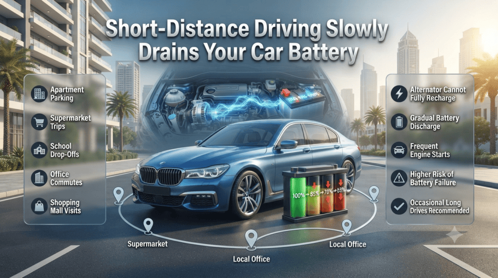 How Short-Distance Driving Drains Your Car Battery in Dubai Infographic showing how frequent short-distance driving in Dubai prevents proper battery charging, leading to gradual battery discharge and reduced battery life.