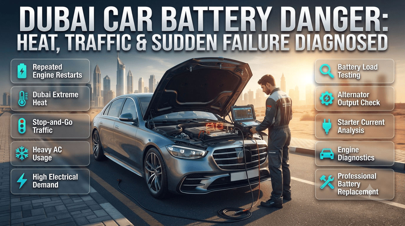 Professional infographic showing a failed car battery after repeated engine restarts in Dubai, highlighting battery diagnostics, alternator testing, jump start solutions, and extreme heat effects.Battery Failed After Multiple Engine Restarts in Dubai Guide