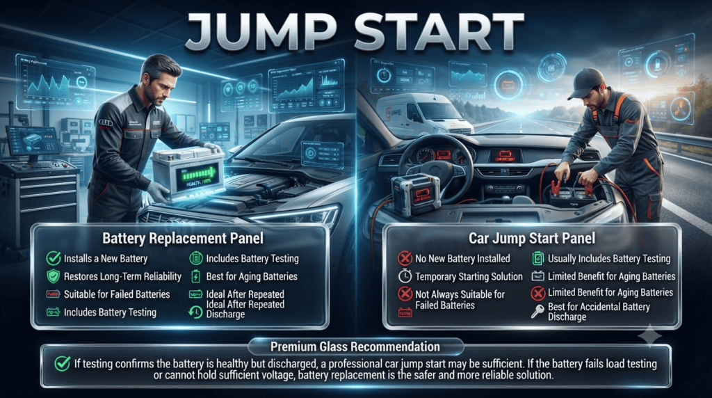 Professional automotive infographic comparing battery replacement and car jump start, highlighting reliability, battery testing, failed batteries, and long-term performance.