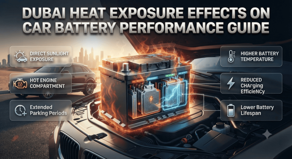Dubai Heat Exposure Effects on Car Battery Performance Guide Dubai heat exposure infographic showing how extreme temperatures reduce car battery life, charging efficiency, and starting performance