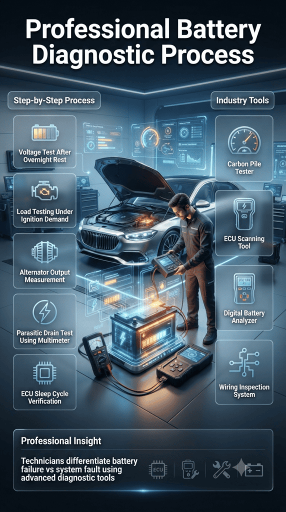 Professional Car Battery Diagnostic Process Step-by-Step Guide Automotive diagnostic infographic showing professional car battery testing steps including voltage test, load testing, alternator check, and ECU scan process.