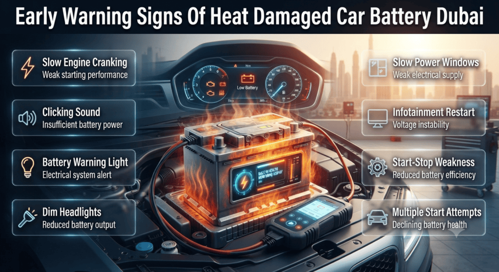 Early Warning Signs Of Heat Damaged Car Battery Dubai Heat damaged car battery warning signs including slow starting, dashboard alerts, weak electronics, and battery failure symptoms in Dubai