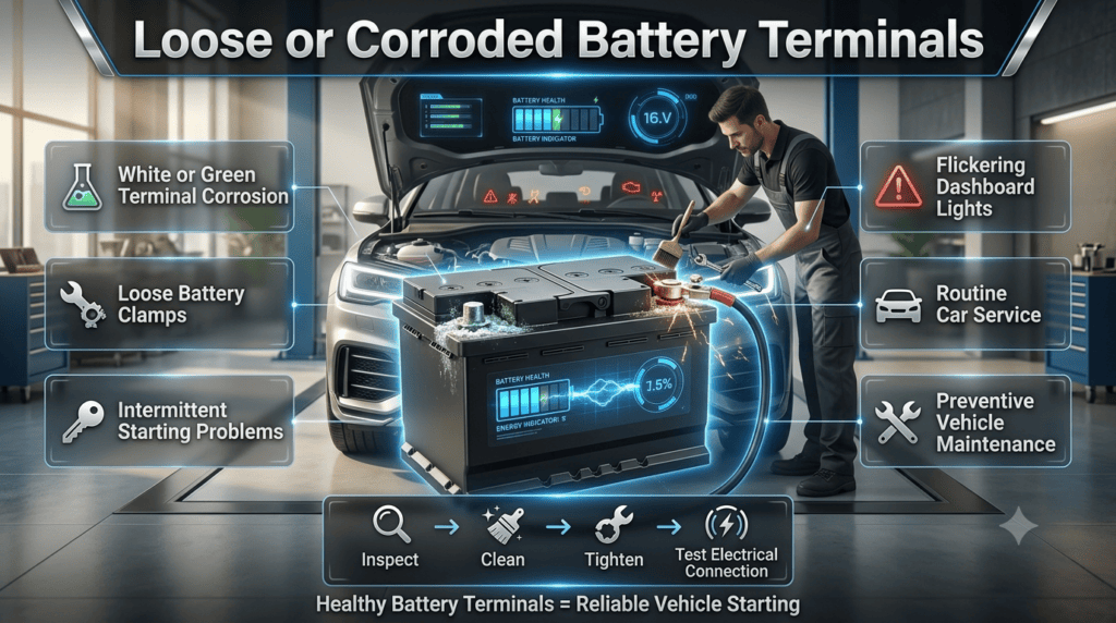 Premium automotive infographic showing loose and corroded car battery terminals with white and green corrosion, loose clamps, flickering dashboard lights, and starting issues.