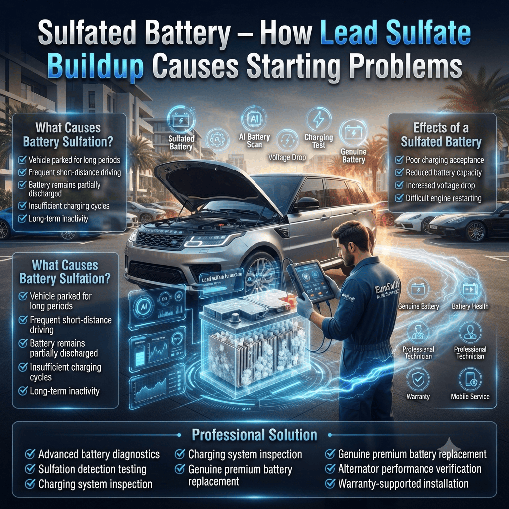 Sulfated Battery โ How Lead Sulfate Buildup Causes Starting Problems | EuroSwift Auto Services Premium infographic showing a sulfated car battery with lead sulfate buildup being professionally diagnosed by a EuroSwift Auto Services technician beside a luxury SUV in Dubai.