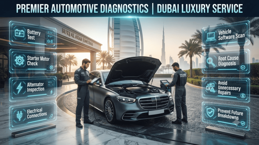 Technician performing professional diagnostics on a vehicle that won't start after hotel parking in Dubai, checking battery, alternator, starter motor, and vehicle electronics.