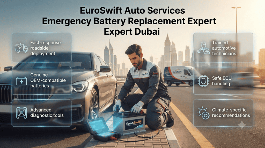 EuroSwift Auto Services Emergency Battery Replacement Expert Dubai Professional roadside car battery replacement service in Dubai showing expert technician using diagnostic tools for fast ECU-safe battery installation