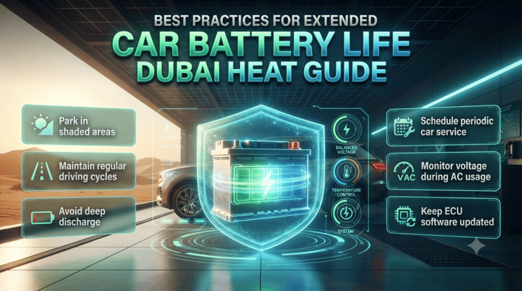 Best Practices for Extended Car Battery Life Dubai Heat Guide Car battery maintenance best practices in Dubai heat showing parking shade driving habits ECU updates and voltage monitoring infographic