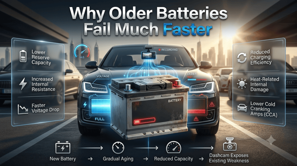 Premium infographic illustrating how older car batteries lose capacity faster, making them more likely to fail after extended dashcam use in Dubai's extreme heat.