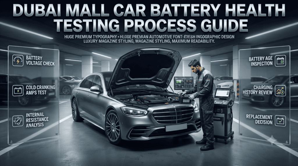 Professional technician testing car battery health at Dubai Mall with voltage check, CCA analysis, and vehicle diagnostics