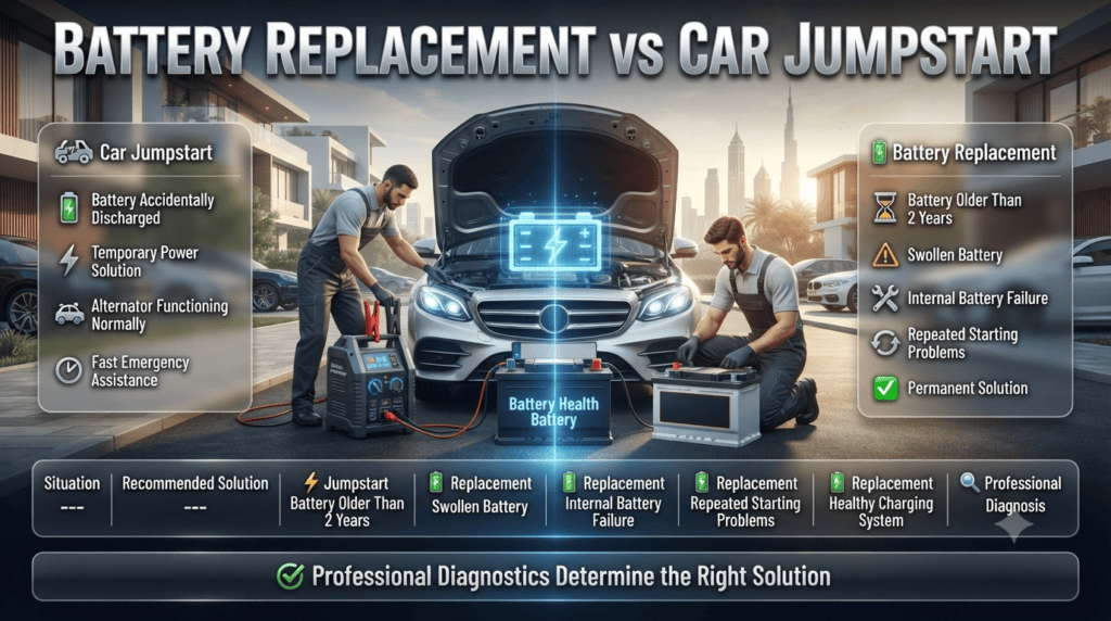Infographic comparing car jumpstart and battery replacement, showing when each solution is appropriate for common battery problems in Dubai.
