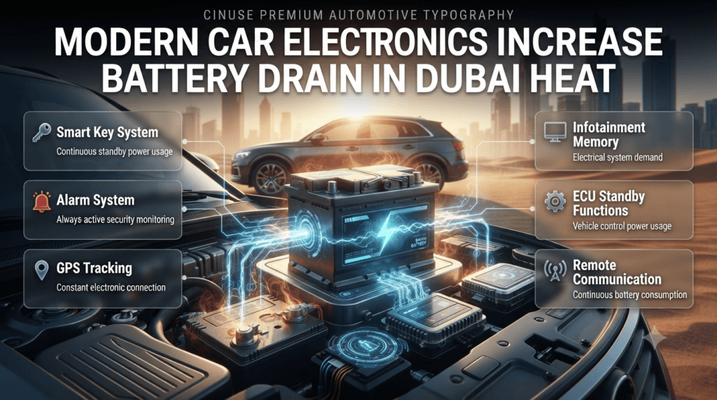 Modern Car Electronics Increase Battery Drain In Dubai Heat Modern vehicle electronics causing faster battery drain in Dubai heat with smart systems and weakened car battery effects