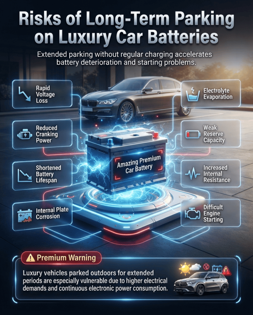 Risks of Long-Term Parking on Luxury Car Batteries Luxury car battery infographic explaining how long-term vehicle parking causes voltage loss, reduced cranking power, corrosion, electrolyte evaporation, and difficult engine starting.