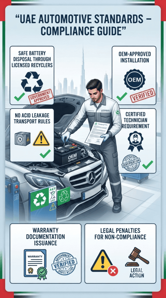 UAE AUTOMOTIVE STANDARDS – BATTERY FAILURE HANDLING COMPLIANCE (DUBAI 2026) Dubai UAE automotive standards for car battery failure handling showing safe disposal, OEM installation, certified technicians, and environmental compliance regulations.