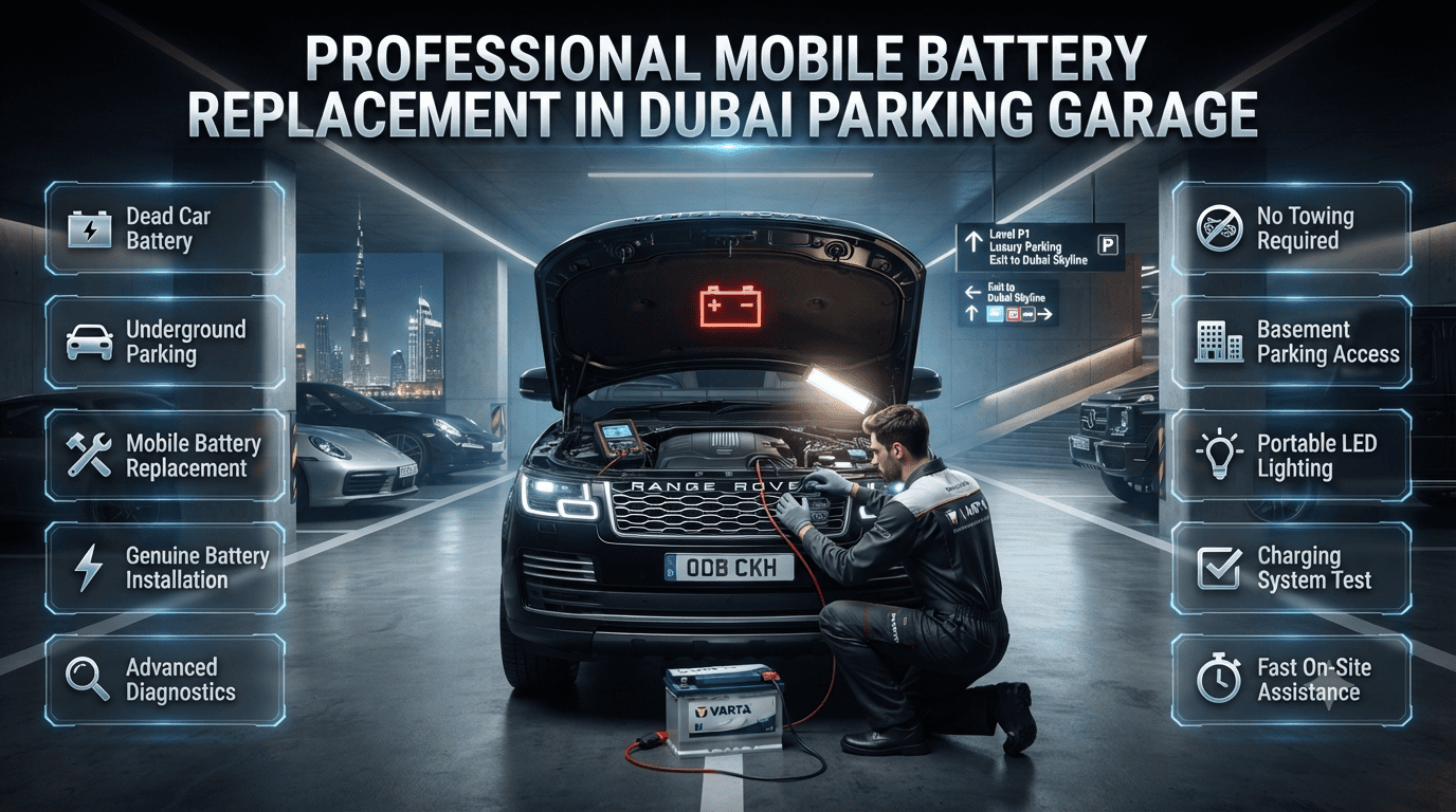 Professional mobile technician replacing a dead car battery inside an underground parking garage in Dubai using genuine batteries and diagnostic equipment.