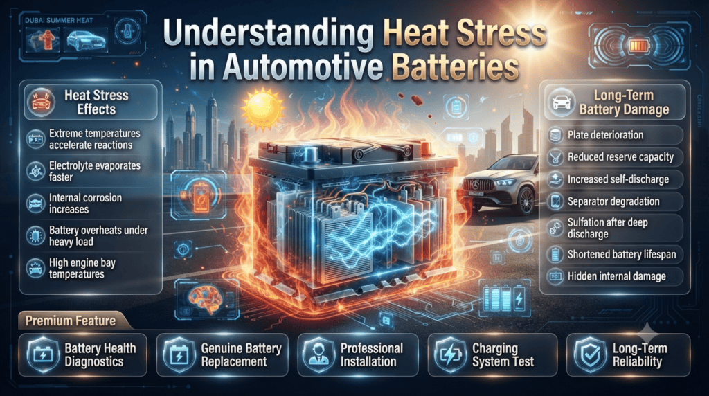 Understanding Heat Stress in Automotive Batteries | Causes, Internal Damage & Battery Lifespan Premium infographic explaining how heat stress affects automotive batteries, highlighting electrolyte evaporation, internal corrosion, plate deterioration, self-discharge, sulfation, and reduced battery lifespan in Dubai's extreme climate.