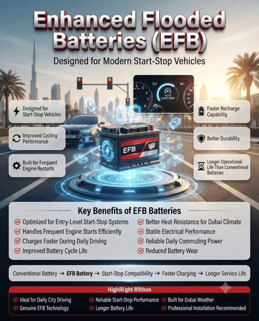Enhanced Flooded Batteries (EFB) for Start-Stop Vehicles in Dubai Enhanced Flooded Battery (EFB) infographic showing a premium battery for start-stop vehicles with improved cycling performance, faster recharge capability, better durability, and longer service life.