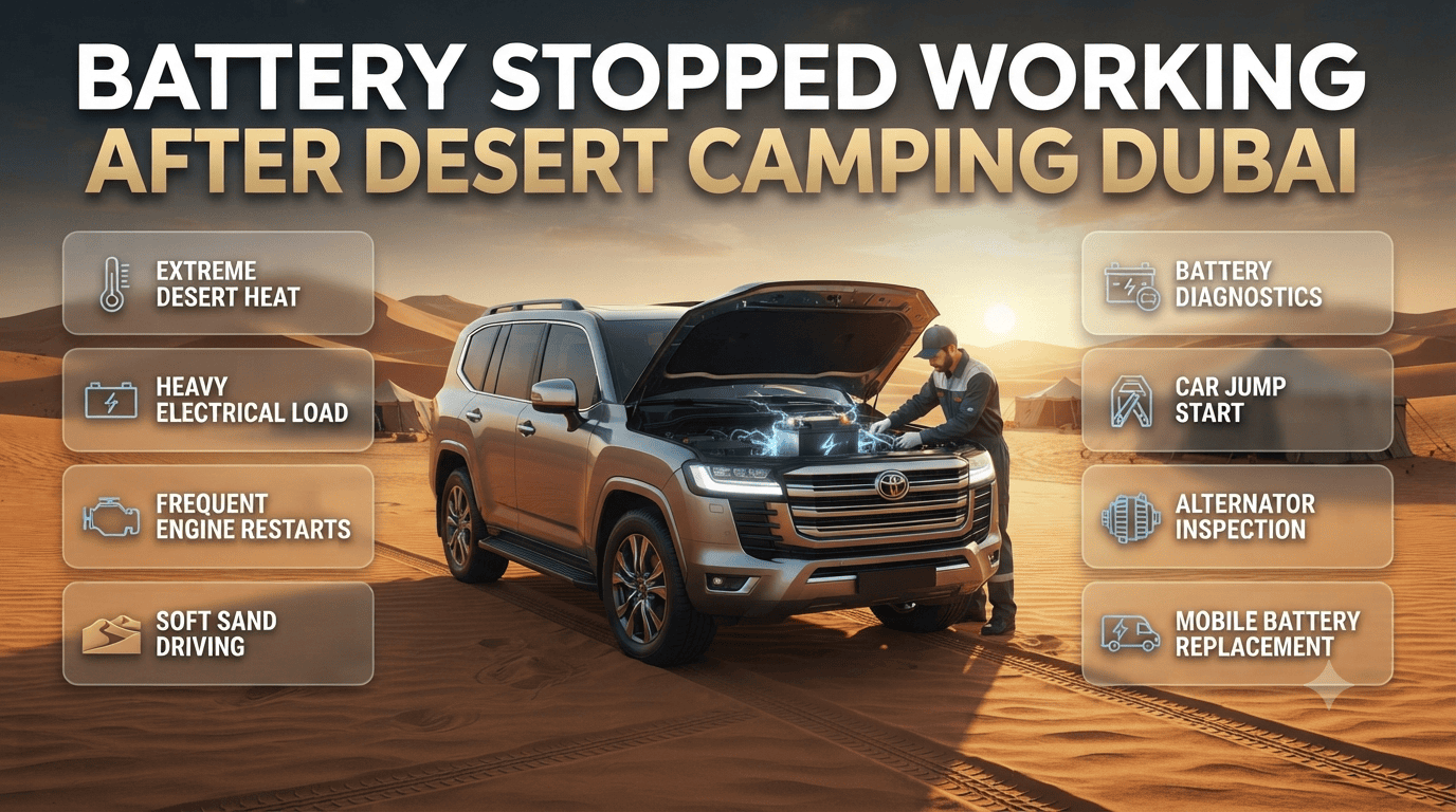 Professional infographic showing a vehicle with a dead battery after desert camping in Dubai, highlighting battery diagnostics, jump start, and mobile battery replacement solutions. Battery Stopped Working After Desert Camping Dubai Guide