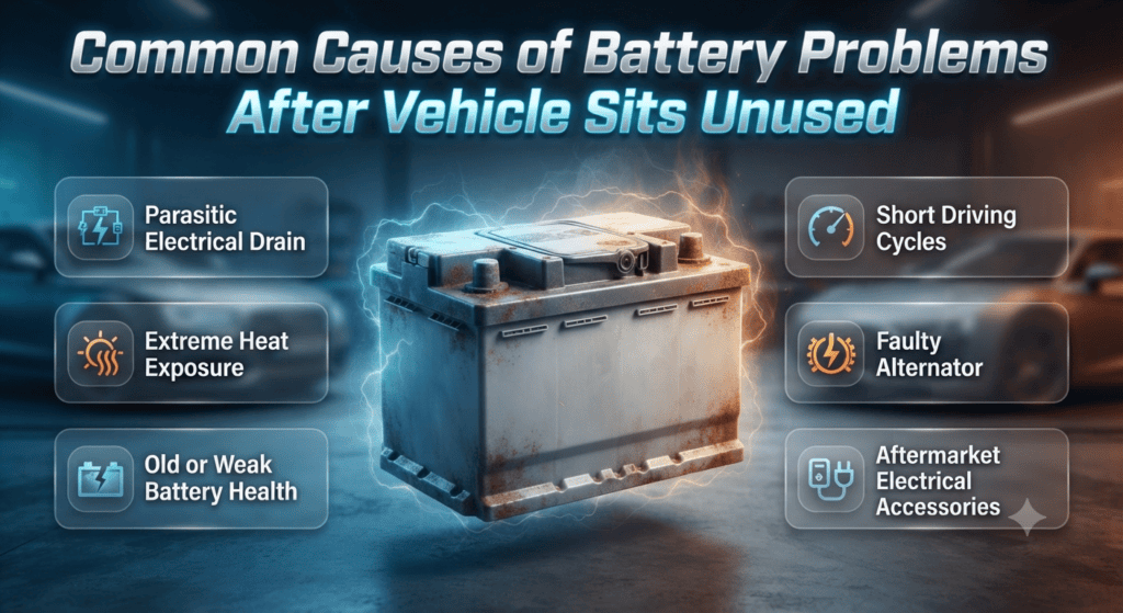 Common Causes of Car Battery Failure After Vehicle Idle in Dubai Automotive infographic showing common causes of car battery failure after vehicle idle in Dubai including heat, drain, alternator issues, and weak battery health.