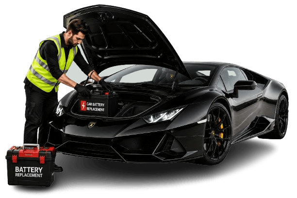 Professional technician replacing a car battery in Dubai with fast roadside assistance.