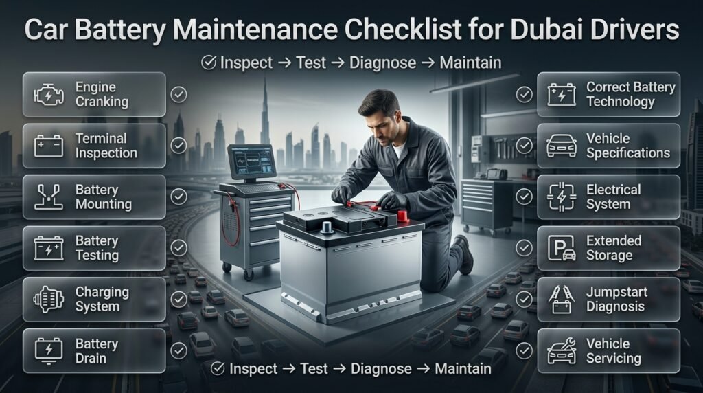 Car battery maintenance checklist showing terminal inspection, charging tests, battery condition, correct specifications, and electrical checks.