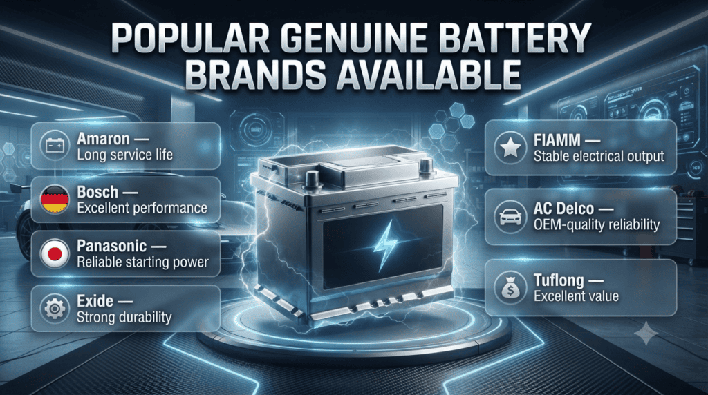 Comparison infographic showing genuine car battery brands including Amaron, Bosch, Panasonic, Exide, FIAMM, AC Delco, and Tuflong for different vehicle types in Dubai.