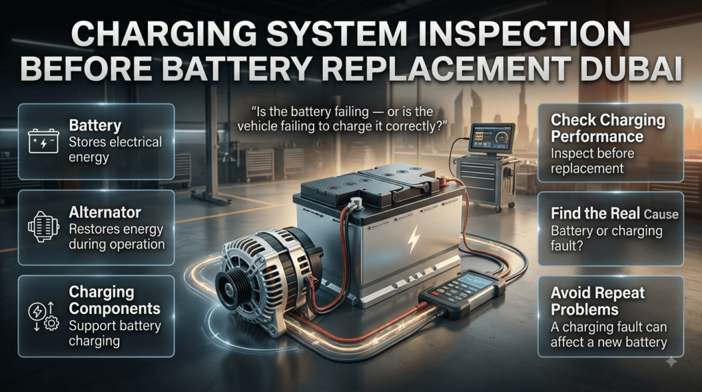 Charging system inspection in Dubai showing battery and alternator working together before car battery replacement