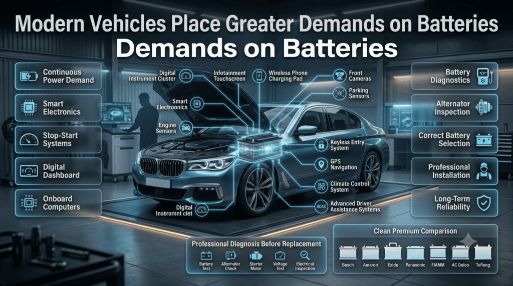 Infographic showing how modern vehicle electronics increase battery load with onboard systems, sensors, diagnostics, and premium battery replacement options.