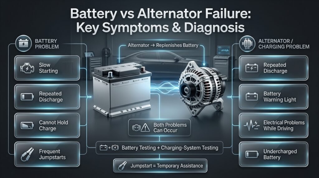 Battery vs alternator failure infographic comparing slow starts, repeated discharge, warning lights, and electrical problems while driving.