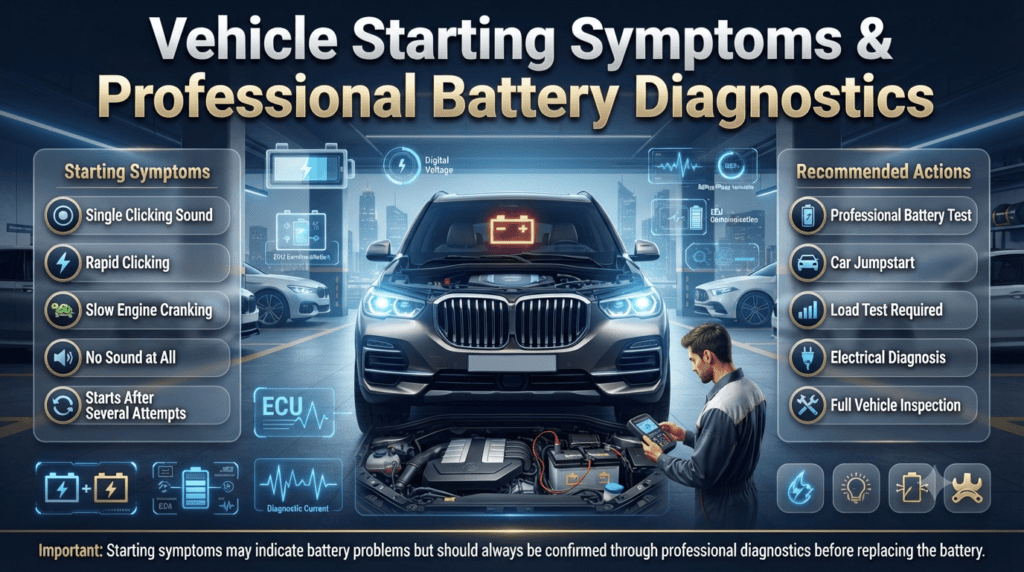 Professional infographic explaining different vehicle starting symptoms, battery warning signs, and recommended diagnostic actions for drivers in Dubai.
