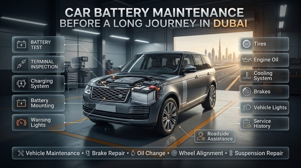 Car battery maintenance before a long journey showing battery testing, terminals, charging system, tires, brakes, and oil checks