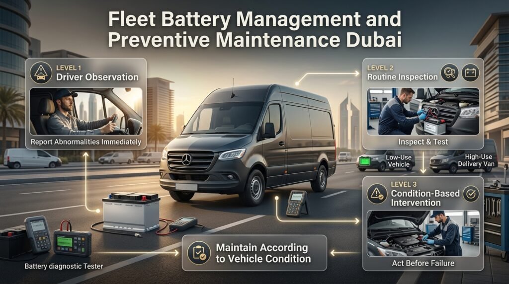 Fleet battery preventive maintenance in Dubai using driver observations, routine inspections, and condition-based intervention.