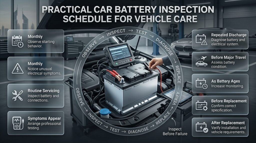 Practical car battery inspection schedule showing routine checks, testing, diagnosis, replacement, and preventive battery maintenance.