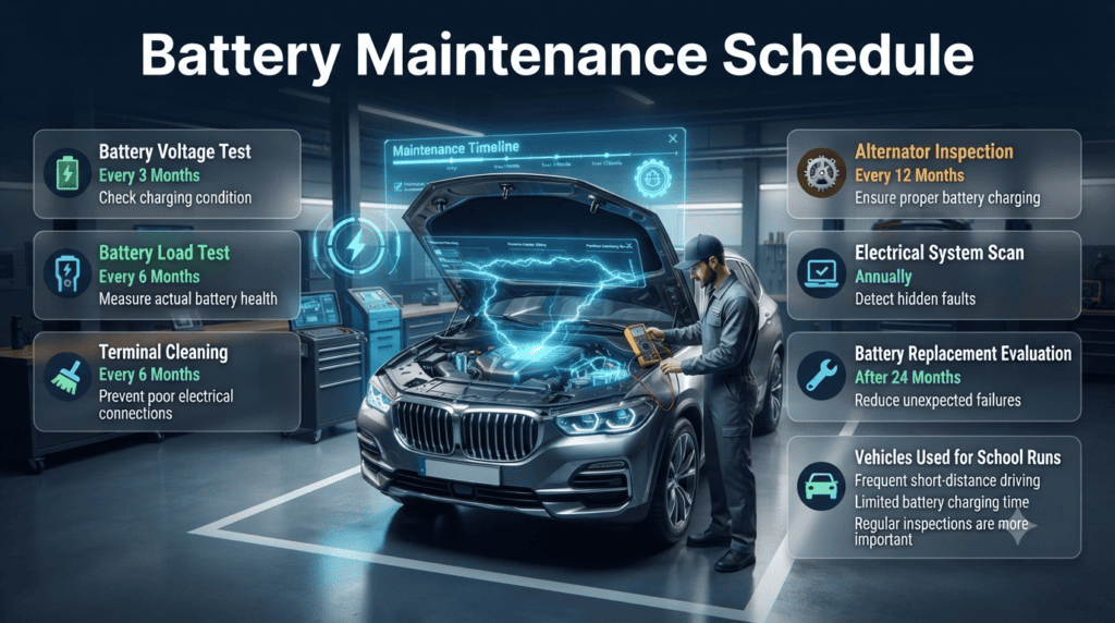 Premium automotive infographic showing a recommended car battery maintenance schedule, including voltage tests, load tests, terminal cleaning, alternator inspections, and battery replacement evaluation.