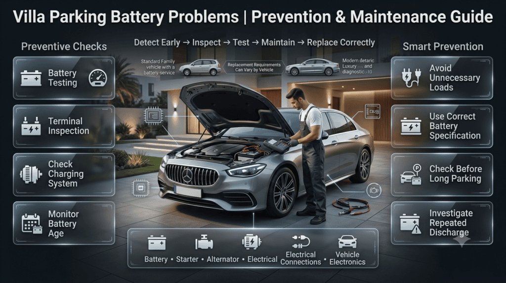 Villa parking battery problems explained with preventive checks for battery, starter, alternator, and vehicle electronics.