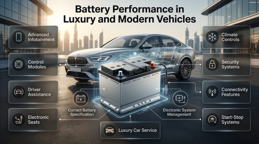 Luxury vehicle battery system with electronic modules, infotainment, climate controls, driver assistance, and modern electrical systems