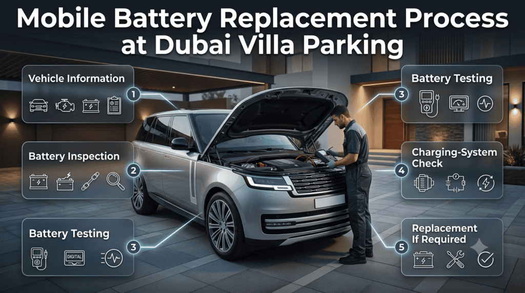 Mobile battery replacement process at Dubai villa parking, showing inspection, battery testing, charging check, and installation