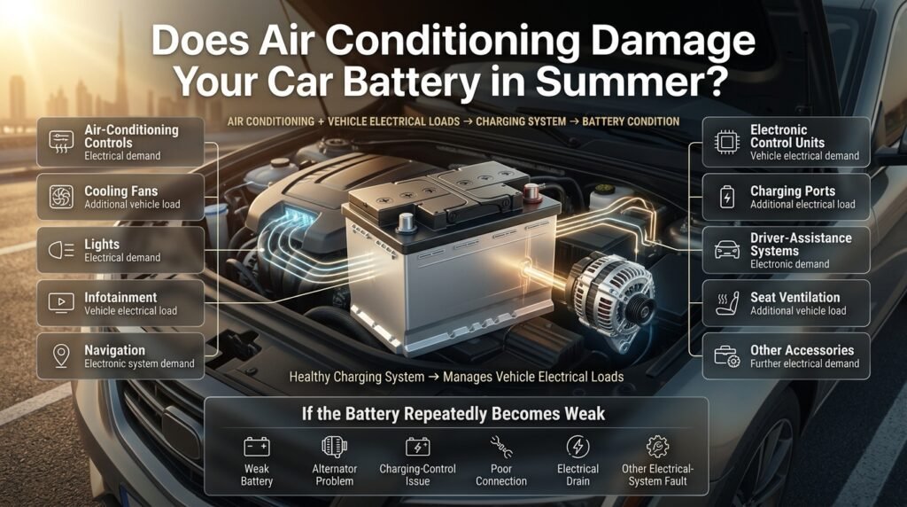 Car battery infographic explaining how air conditioning and vehicle electrical loads relate to battery weakness during summer driving.