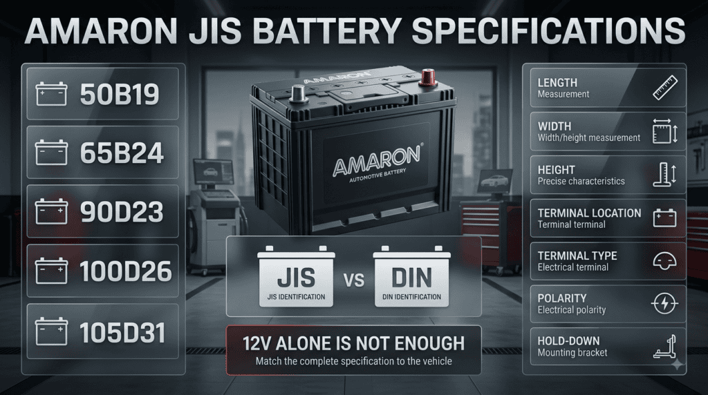 Amaron JIS battery specifications showing 50B19, 65B24, terminal layout, polarity and battery dimensions