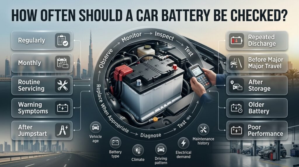 Car battery inspection schedule showing monthly checks, warning signs, testing, storage, and replacement decisions.