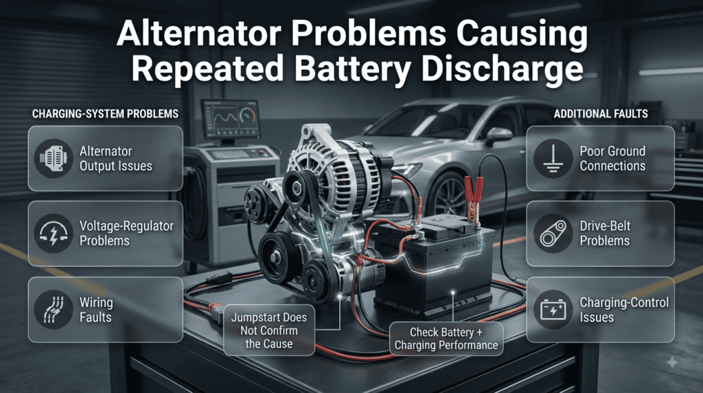 Car battery repeatedly discharging due to alternator, wiring, ground connection, belt, or charging-system problems.