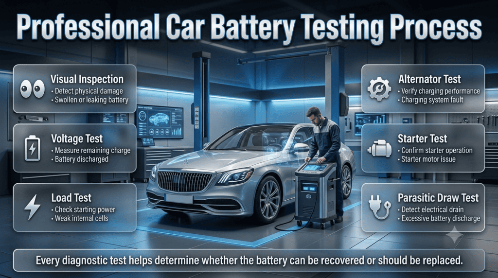 Automotive infographic showing the professional car battery testing process, including visual inspection, voltage test, load test, alternator, starter, and parasitic draw diagnostics.