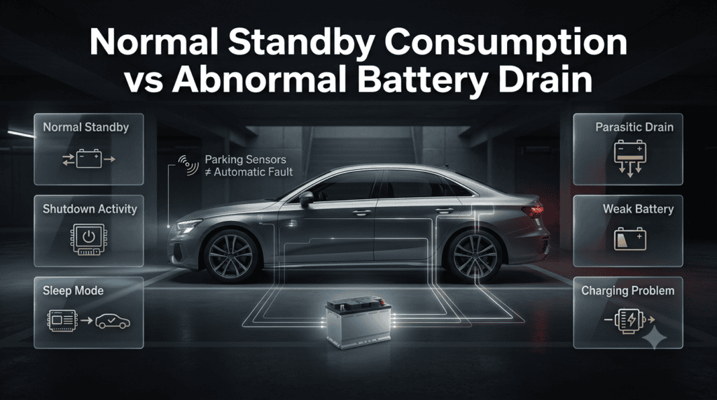 Automotive infographic comparing normal standby power with abnormal battery drain from active vehicle electronics while parked.