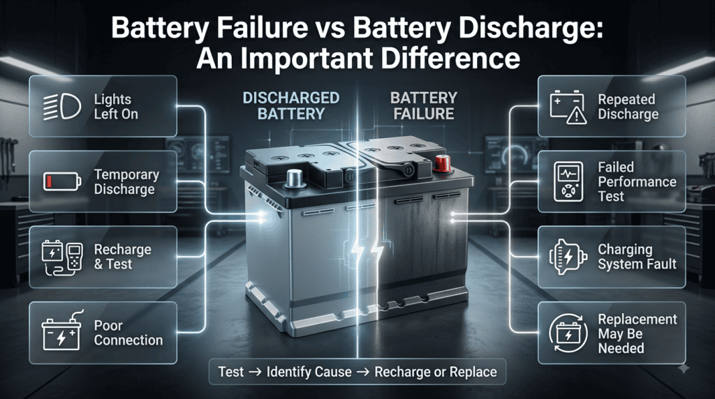 Battery failure vs battery discharge explained with symptoms, charging, testing, replacement, and starting-system diagnosis.