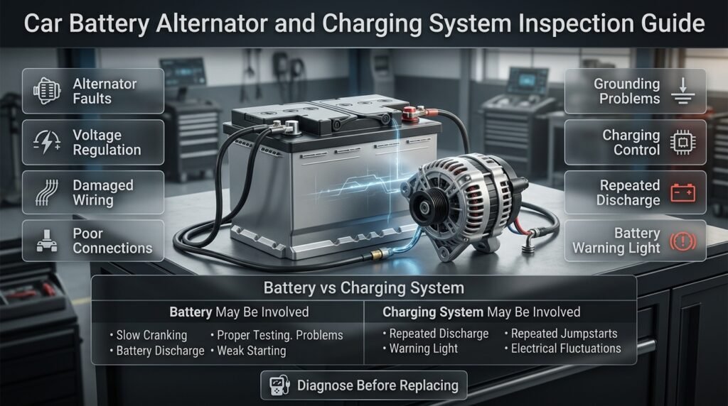 Car battery charging system inspection showing alternator, wiring, voltage regulation, terminals, and battery warning symptoms