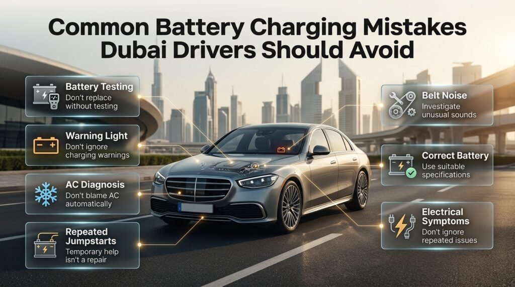 Dubai driver avoiding common battery charging mistakes including warning lights, jumpstarts, belt noise and wrong battery