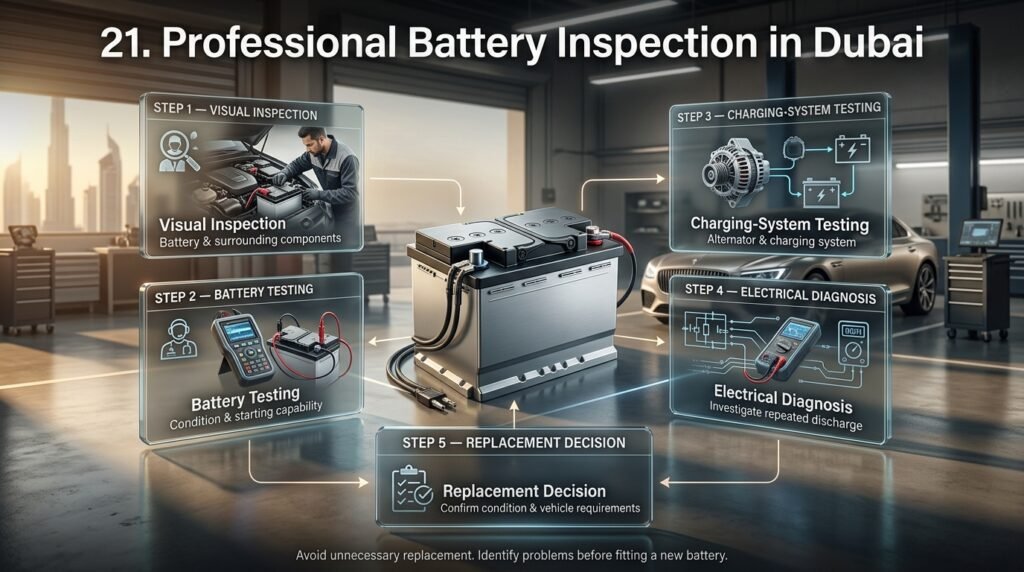 Professional battery inspection in Dubai showing five steps from visual inspection and battery testing to electrical diagnosis and replacement decisions.