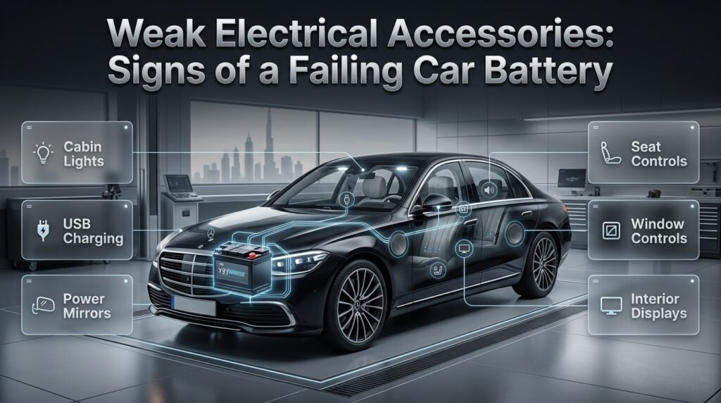 Car showing weak electrical accessories including dim cabin lights, slow windows, weak mirrors, displays and seat controls