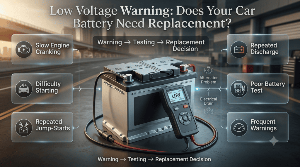 Low voltage warning showing possible car battery replacement needs, with battery testing and starting symptoms illustrated.